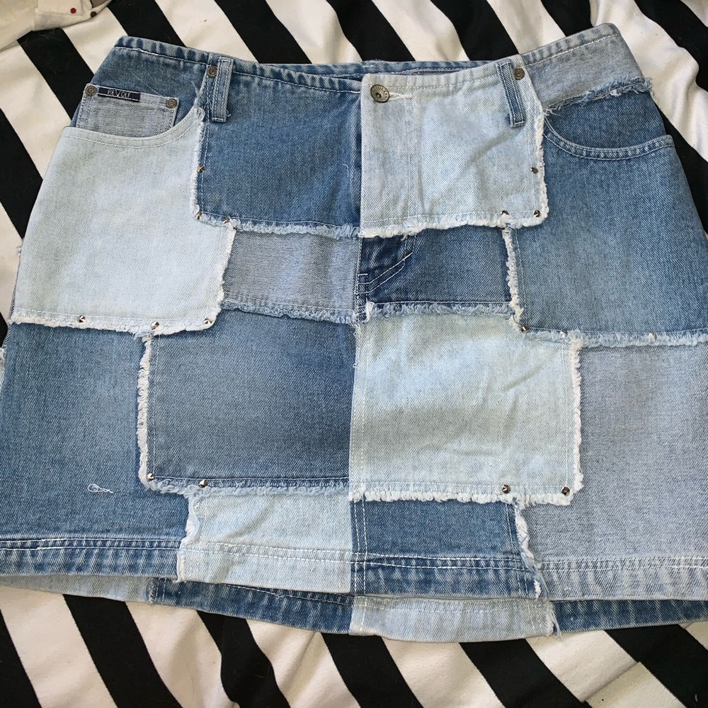 Studded, Patchwork Denim Skirt - image 1